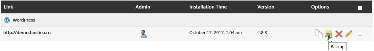 Sekce Zálohování aplikace Softaculous