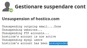 Raport confirmare reactivare cont whm